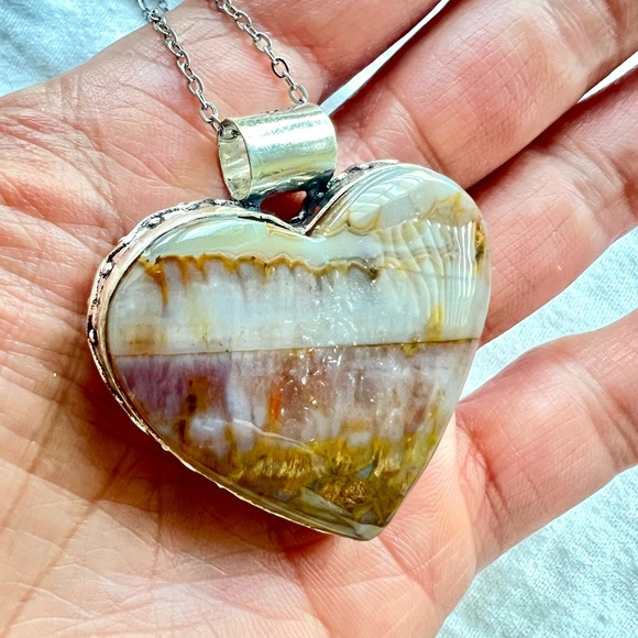 925 Earth Stone Red + Yellow! Moss Agate Heart ❤️ Necklace Pendant - Picture 9 of 9